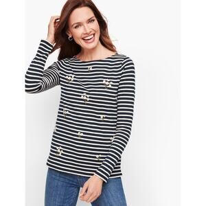 2/$30 Talbots Daisy Stripe Crewneck Tee XL Women Navy White Striped Embroidered